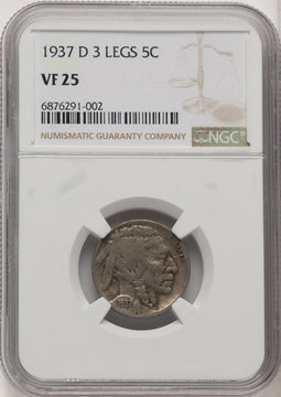 1937-D 5C Three-Legged FS-901 Buffalo Nickel NGC VF25
