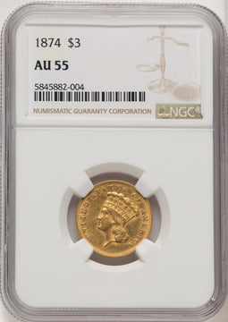 1874 $3 Three Dollar Gold Pieces NGC AU55 (520707010)