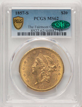 1857-S $20 CAC Liberty Double Eagle PCGS MS62