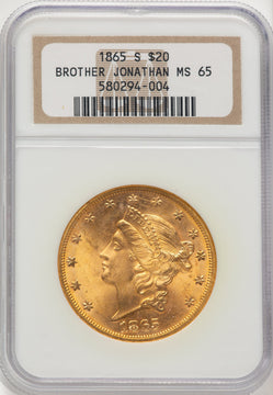 1865-S $20 Brown Label Liberty Double Eagle NGC MS65