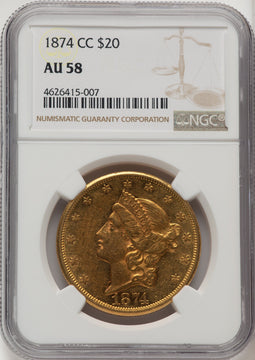 1874-CC $20 Brown Label Liberty Double Eagle NGC AU58