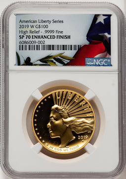 2019-W G$100 American Liberty High Relief Enhanced Bunting Flag NGC MS70