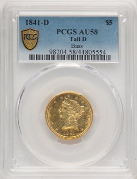 1841-D $5 Tall D Liberty Half Eagle PCGS AU58