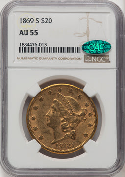 1869-S $20 CAC Brown Label Liberty Double Eagle NGC AU55