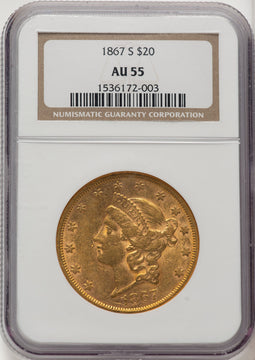 1867-S $20 Brown Label Liberty Double Eagle NGC AU55