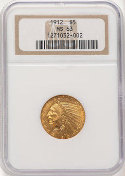 1912 $5 Indian Half Eagle NGC MS63 (507173002)