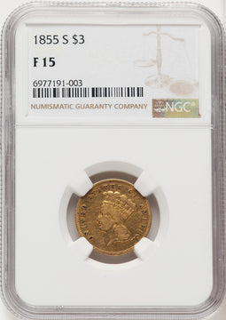 1855-S $3 Three Dollar Gold Pieces NGC 15