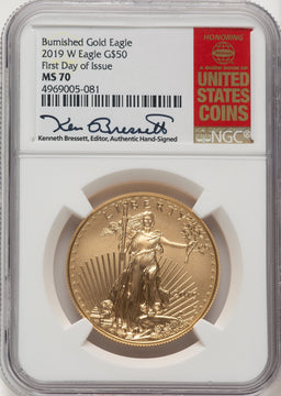 2019-W $50 One-Ounce Gold Eagle FDI Kenneth Bressett Red Book NGC MS70