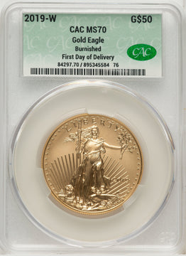 2019-W $50 One-Ounce Gold Eagle Burnished First Day Of Delivery CACG SP70