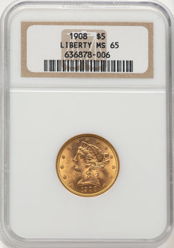 1908 $5 Liberty Liberty Half Eagle NGC MS65 (776203006)