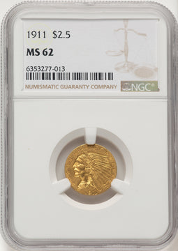 1911 $2.50 Brown Label Indian Quarter Eagle NGC MS62