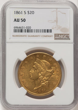 1861-S $20 Brown Label Liberty Double Eagle NGC AU50