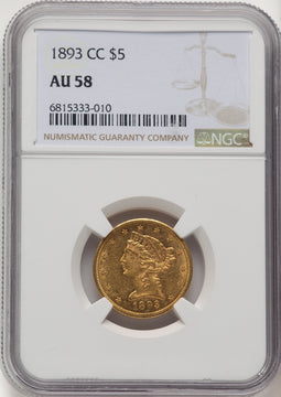 1893-CC $5 Brown Label Liberty Half Eagle NGC AU58