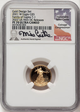 2021-W $5 Tenth Ounce Gold Eagle T-1 First Strike 2022 US Mint Releases Mike Castle NGC PF70