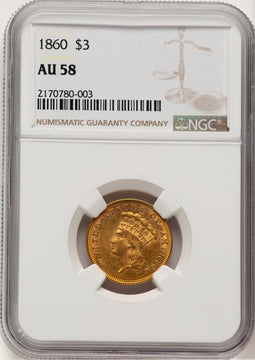 1860 $3 Three Dollar Gold Pieces NGC AU58 (774225033)