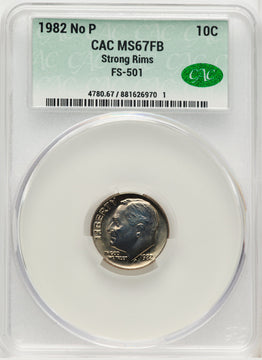 1982 10C NO P FB Roosevelt Dime CACG MS67