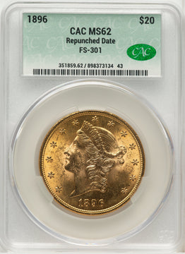 1896 $20 Repunched Date FS-301 Liberty Double Eagle CACG MS62