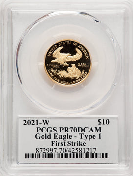 2021-W G$10 Quarter Ounce Gold Eagle T-1 First Strike FS George Casey PCGS PR70