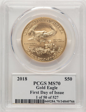2018 $50 One-Ounce Gold Eagle Saint-Gaudens Signature 1 of 50 of 527 PCGS MS70