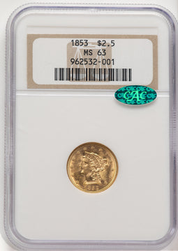 1853 $2.50 CAC Liberty Quarter Eagle NGC MS63