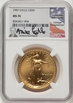 1987 $50 One-Ounce Gold Eagle Mike Castle NGC MS70 (776763012)
