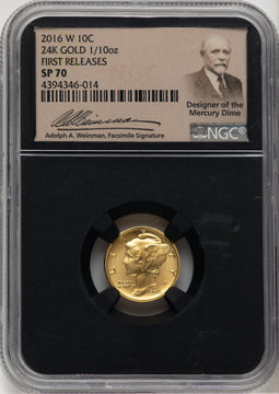 2016-W 10C Mercury Dime 100th Anniversary Gold Centennial FR Adolph Weinman Modern Commemoratives NGC MS70