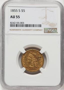 1855-S $5 Liberty Half Eagle NGC AU55