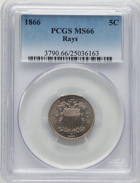 1866 5C RAYS Shield Nickel PCGS MS66