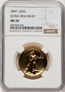 2009 G$20 Ultra High Relief Brown Label NGC MS70