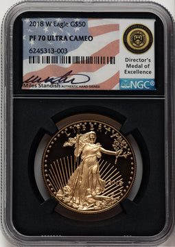 2018-W $50 One Ounce Gold Eagle Miles Standish NGC PF70