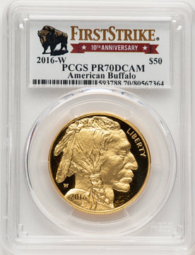 2016-W $50 One-Ounce Gold Buffalo Tenth Anniversary First Strike Buffalo Label FS 100th Anniversary PCGS PR70