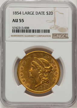 1854 $20 Large Date Proof Liberty Double Eagle NGC AU55 (776751005)