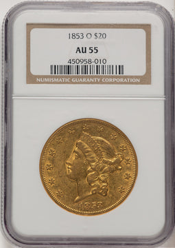 1853-O $20 Liberty Double Eagle NGC AU55