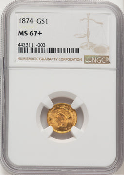 1874 G$1 Gold Dollar NGC MS67+