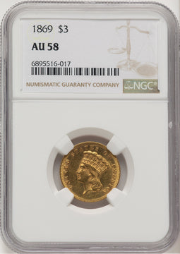 1869 $3 Three Dollar Gold Pieces NGC AU58