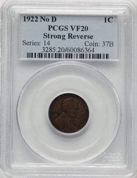1922 No D Strong Reverse BN Lincoln Cent PCGS VF20 (777483028)