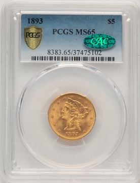 1893 $5 CAC Liberty Half Eagle PCGS MS65