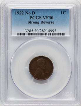 1922 No D Strong Reverse BN Lincoln Cent PCGS VF30 (777423003)
