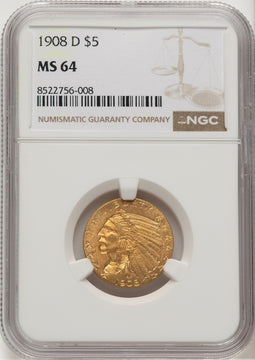 1908-D $5 Indian Half Eagle NGC MS64 (777130014)