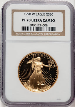 1990-W $50 One-Ounce Gold Eagle Brown Label NGC PF70 (521154014)