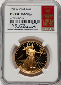 1986-W $50 One-Ounce Gold Eagle Kenneth Bressett Red Book NGC PF70