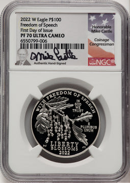 2022-W $100 One-Ounce Platinum Eagle Freedom of Speech FDI FDI Mike Castle NGC PF70
