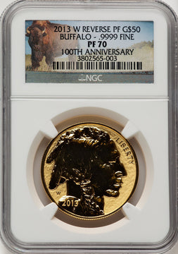 2013-W $50 One-Ounce Gold Buffalo Reverse Proof 100th Anniversary Bison Label NGC PF70
