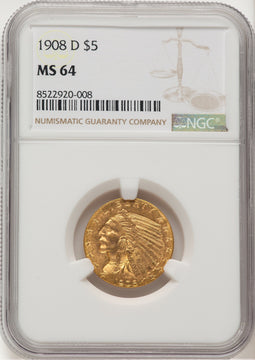 1908-D $5 Indian Half Eagle NGC MS64 (777515002)