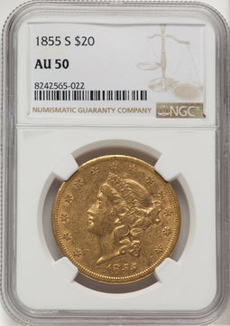1855-S $20 Liberty Double Eagle NGC AU50