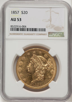 1857 $20 Liberty Double Eagle NGC AU53