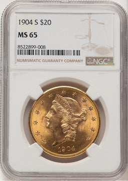 1904-S $20 Brown Label Liberty Double Eagle NGC MS65