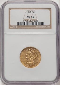 1860 $5 Liberty Half Eagle NGC AU55