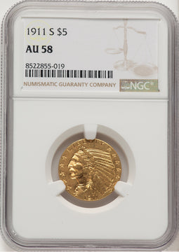 1911-S $5 Indian Half Eagle NGC AU58