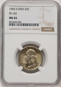 1943-S 25C Doubled Die Obverse Washington Quarter NGC MS65